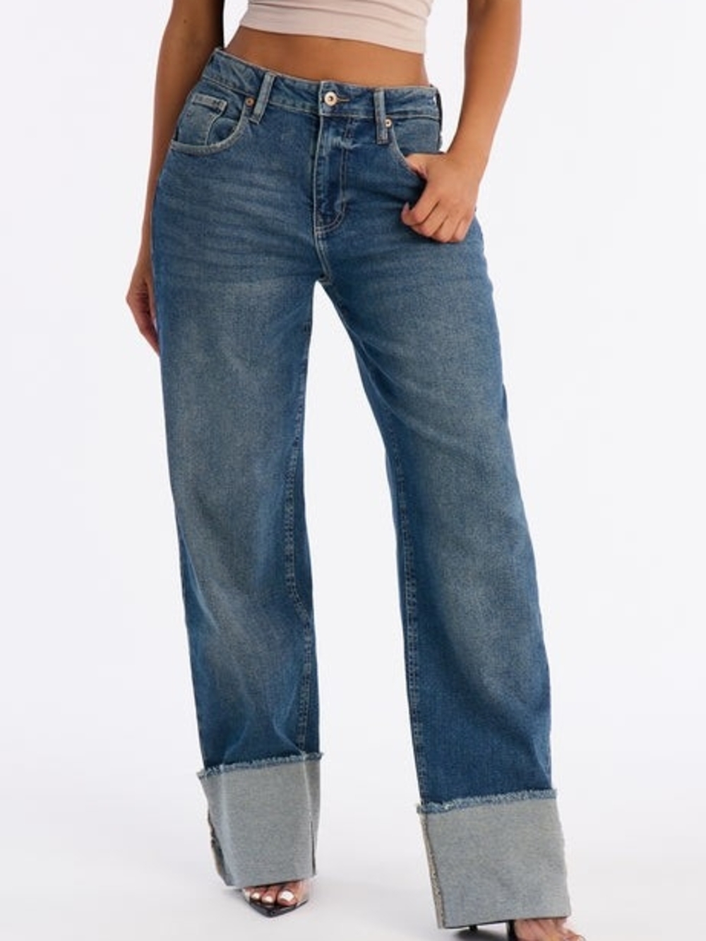 High-Rise Wide Leg Jeans in Medium Blue with Cuffed Hem
